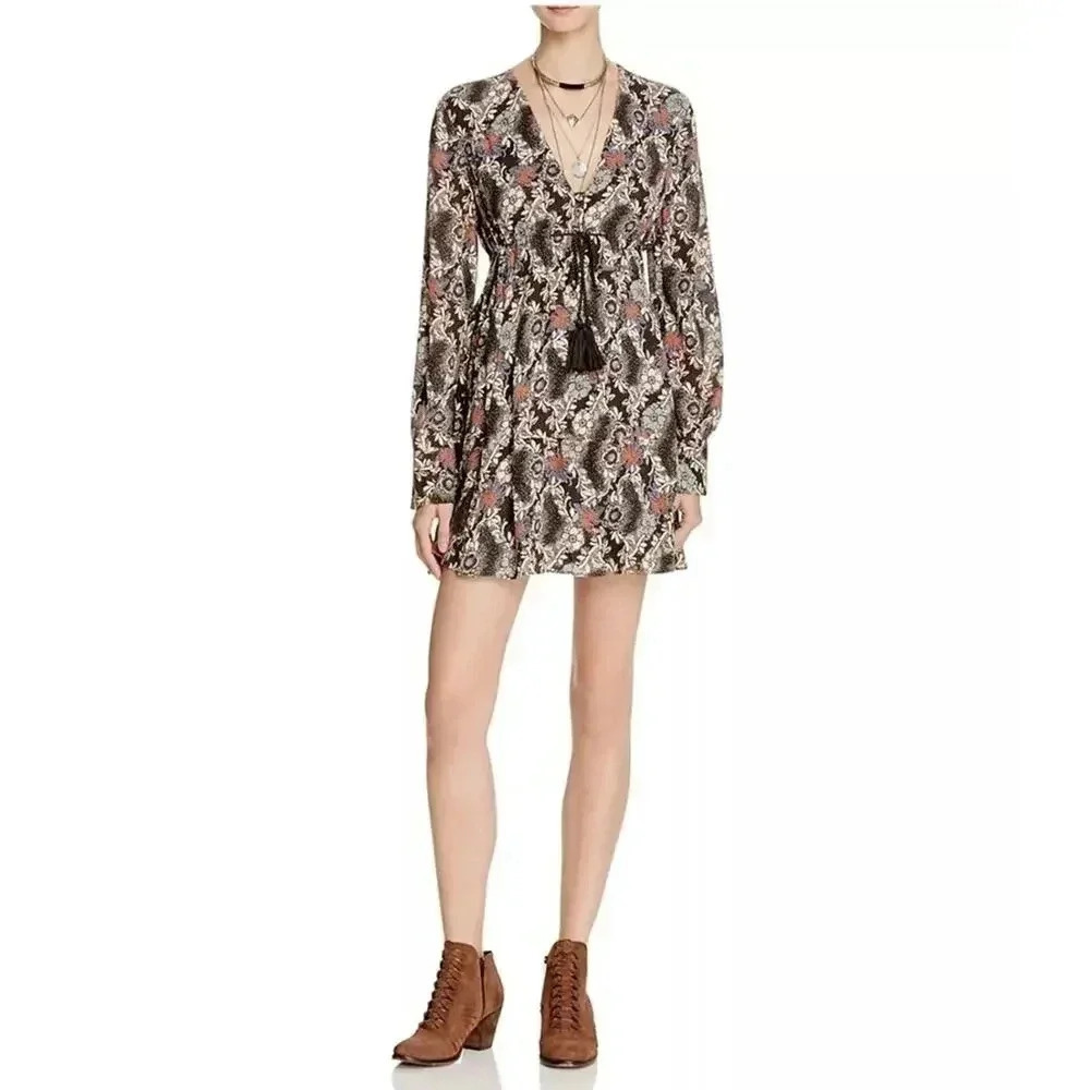 Free People Stealing Fire Peasant Mini Dress size M Boho Rayon Blend